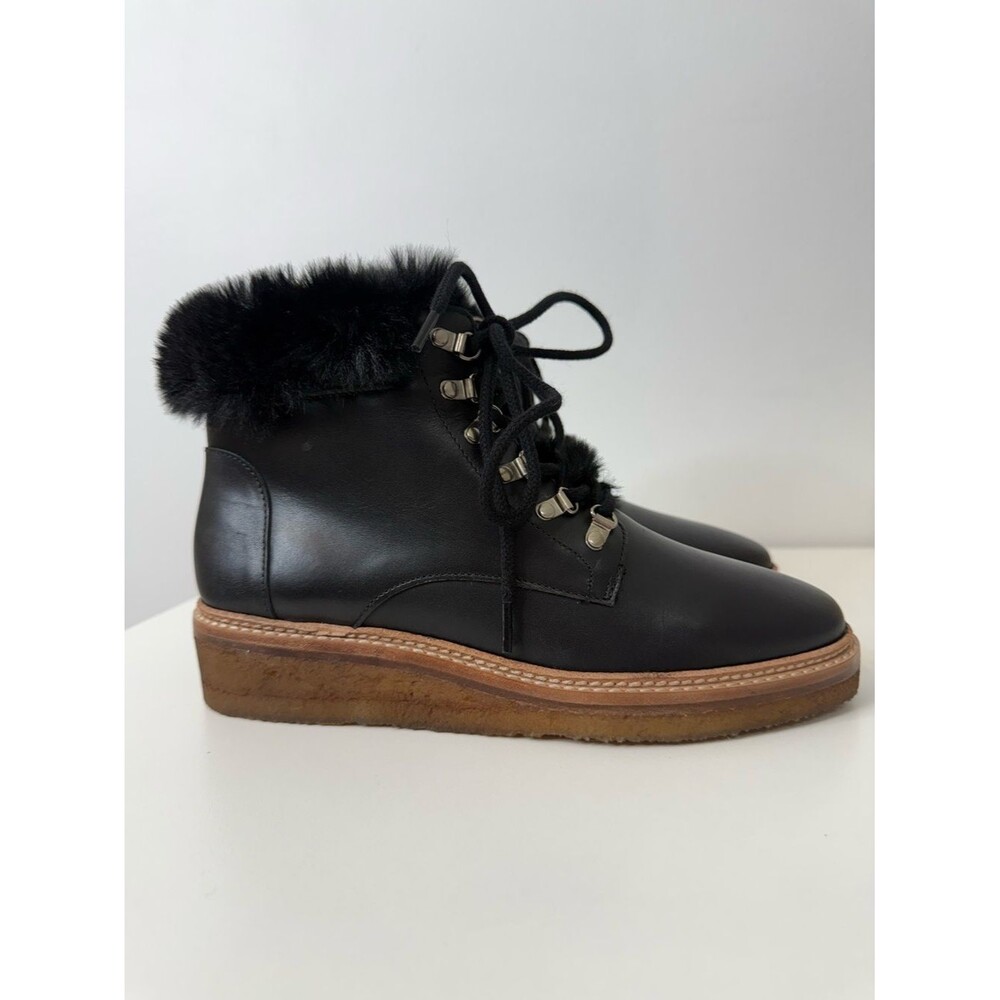 Botkier Black Winter Jet Ankle Boot Faux Fur Trim Lace Up Bootie Women's 7 NIB